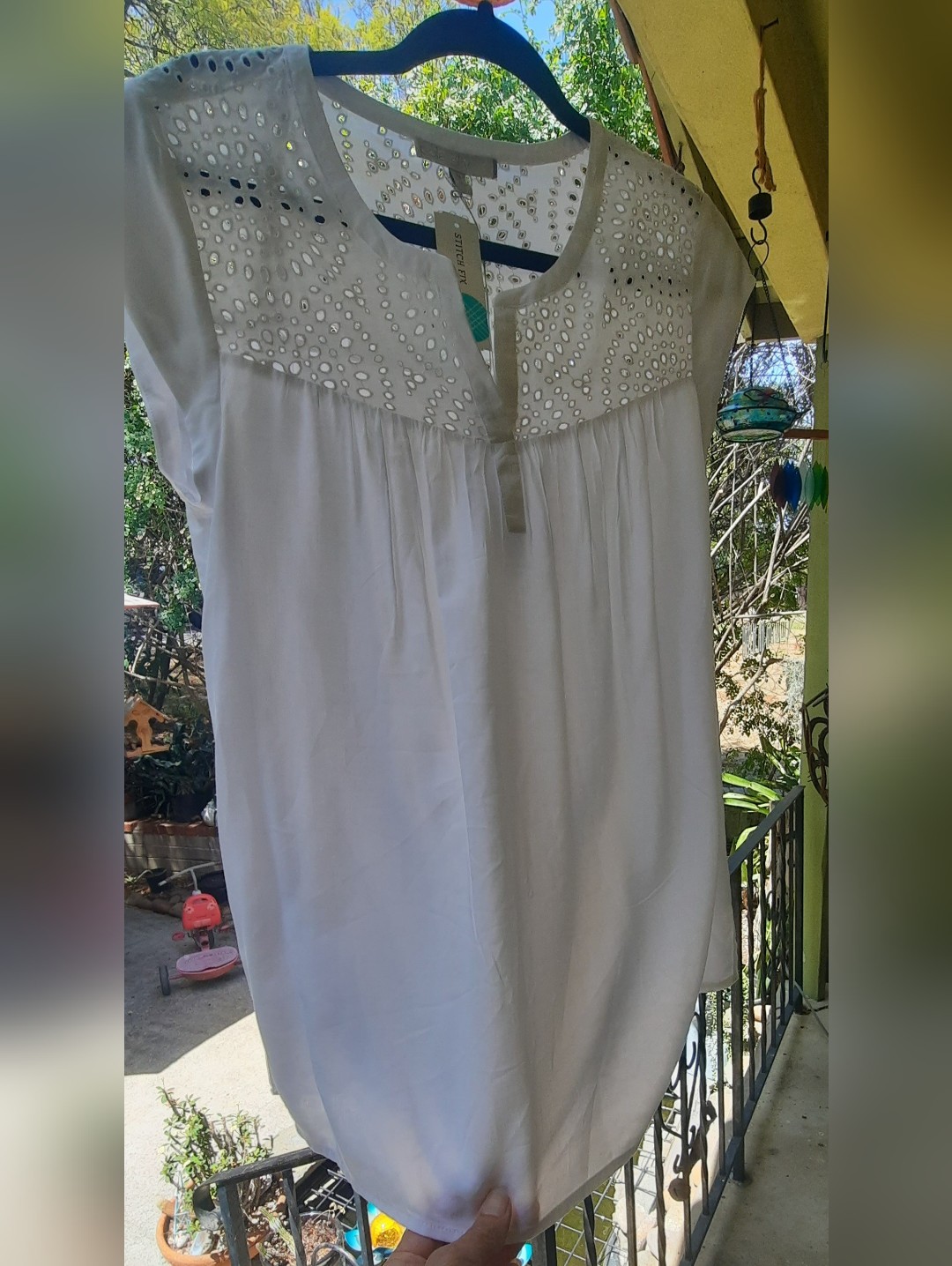 White Eyelet Yoke Cap-Sleeve Tunic Top